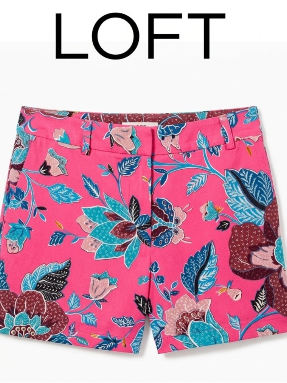LOFT Pink Floral A-Line Skirt with Blue and Cream Accents